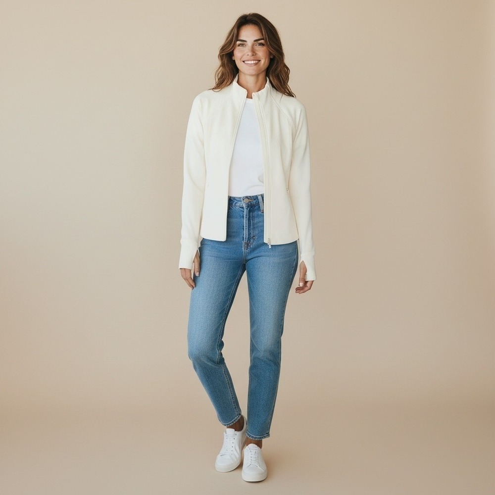 Athleta Salutation Ribbed Jacket Cream Off White Full Zip Mock Neck Athleisure S